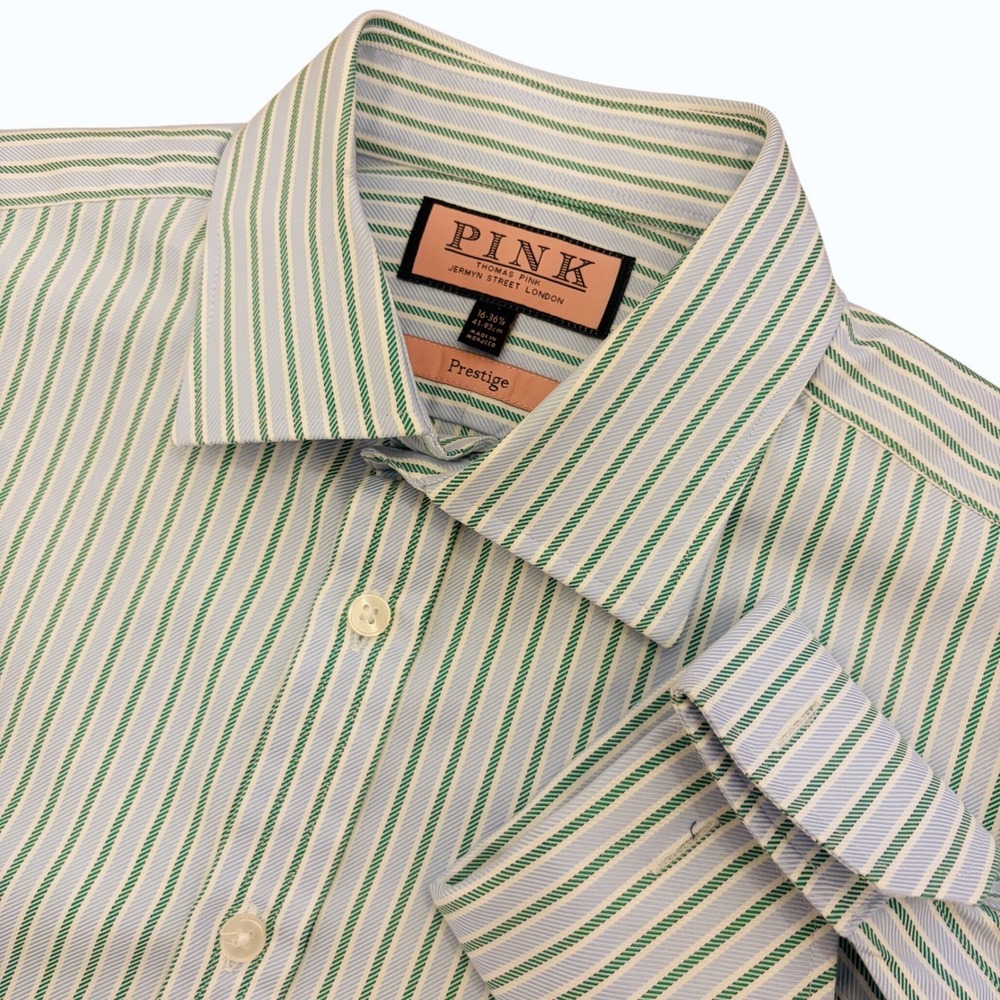 Thomas Pink Dress Shirt Mens 16-36.5 Prestige French Cuff Blue Green Stripe